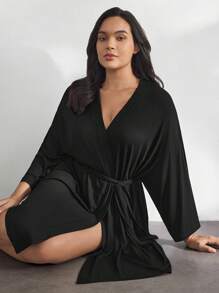 Ocili Leisure Smooth & Comfy Black Plus Size Long Sleeve Robe, For Fall & Winter, Cozy Outfit - Black - View 7