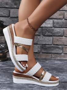 Women's Open Toe Plain Woven Belt Large Size Wedge Heel Thick Bottom Sandals - White - View 2