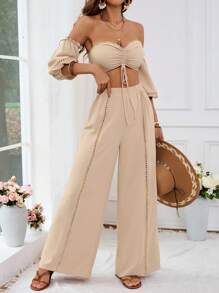 SHEIN VCAY 度假女士性感纯色蕾丝拼接编织抽绳前领泡泡袖露肩上衣和高腰阔腿裤夏日假日两件套服装，令人印象深刻的 25 种款式 - 卡其色 - 查看 5