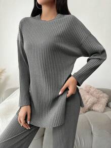 EURMUSE Drop Shoulder Split Hem Tee & Pants - Grey - View 3