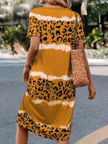 INAWLY Vestido casual de verano para mujer con cuello en V estampado de leopardo de manga corta y corte recto