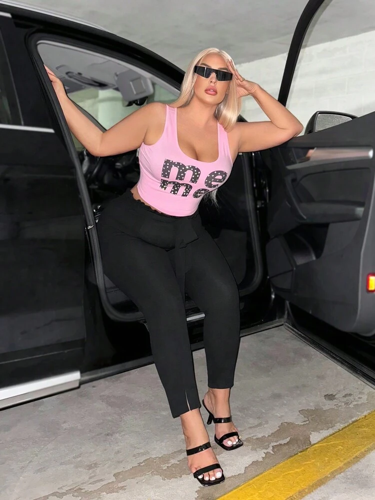 Plus Size Women's Pink MEME Printed Tank Top With Rhinestones Embellishment