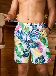 Surfspeed Men's Summer Tropical Plant Printed Drawstring Waist Beach Shorts - Multicolor - View 5