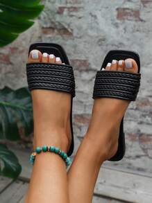 WRCVS Women's Summer Flat Sandals Solid Black Braided Strap Flat Slippers Sexy Party Beach Shoes With Square Toe For Travel,Holiday Essential - Multicolor - View 5