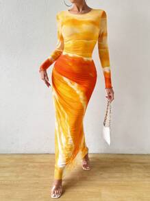Calvaya Vestido largo de manga larga con cuello redondo, ajustado, con costados fruncidos y efecto tie-dye para mujer, atuendo de fiesta y celebración de Año Nuevo