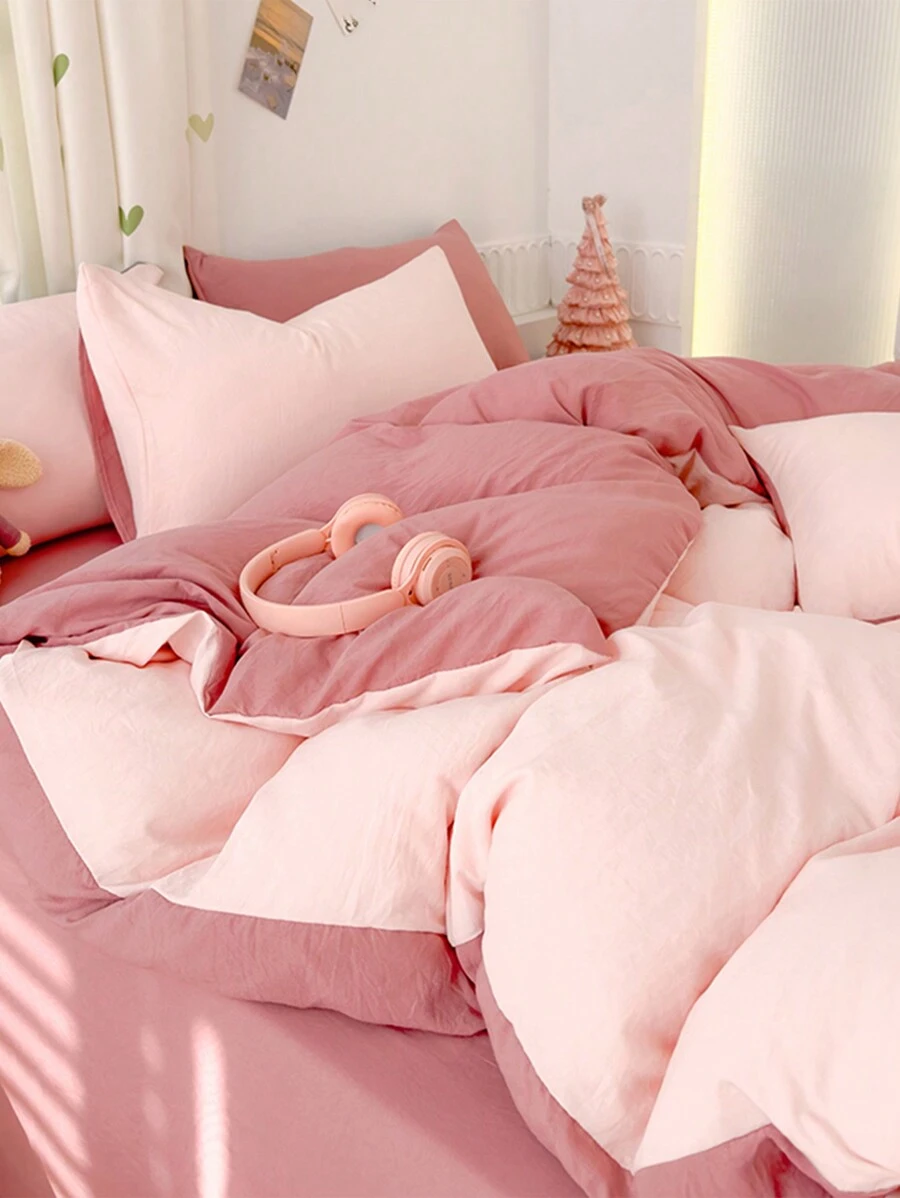 3pcs Pink Patchwork Duvet Cover & Pillowcase Set, Back To School Bedding - Baby Pink - View 1