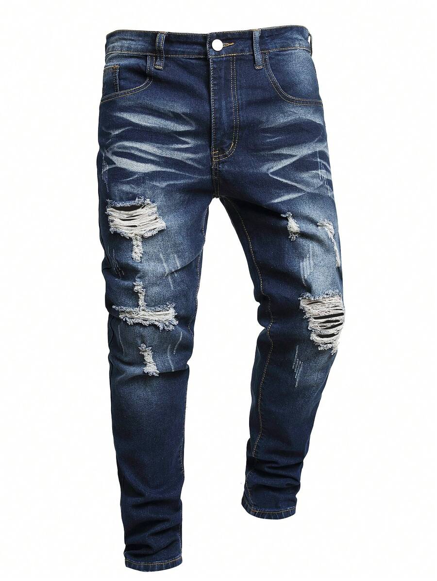 European And American Men's Dark Blue Elastic Ripped Skinny Jeans - Dark Wash - View 1
