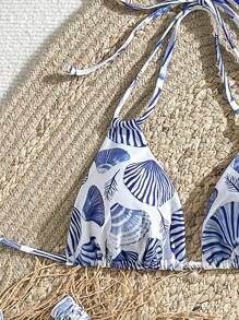 Swim Mod Women's Summer Beach Shell Print Halter Neck Tie Sexy Bikini Set, Random Print - Blue - View 3