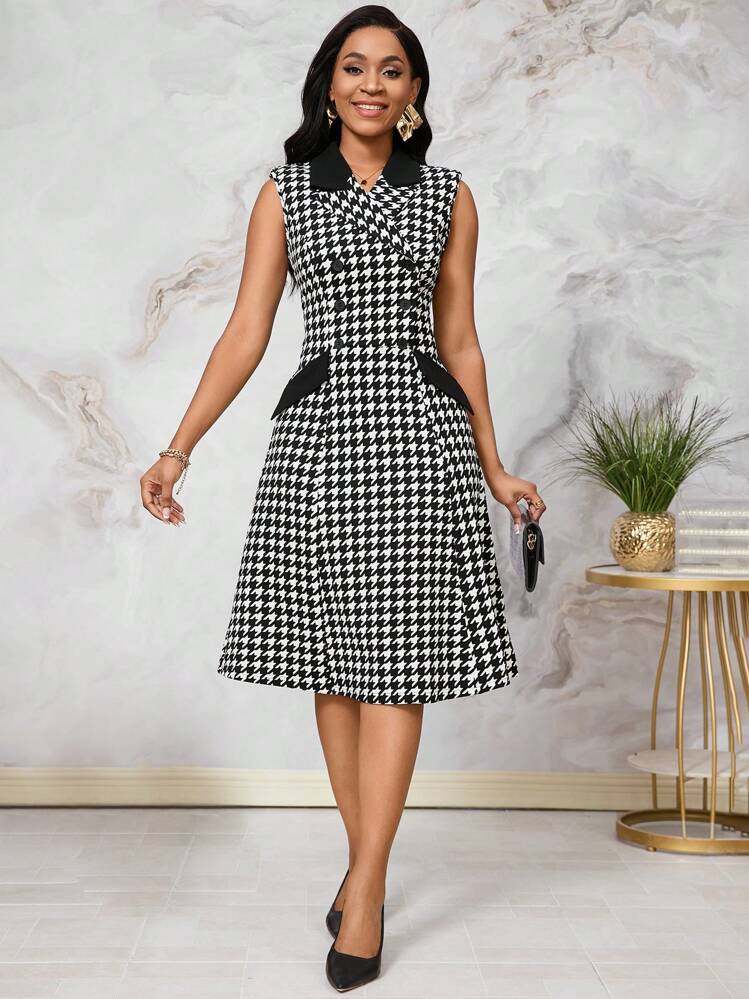 SHEIN Lady Women's Fashionable Black & White Houndstooth Printed Long Dress  | SHEIN USA