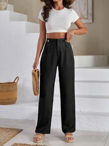 SHEIN Cottnline Women Front Two Sided Button Detailed Linen Pants - Black - View 5