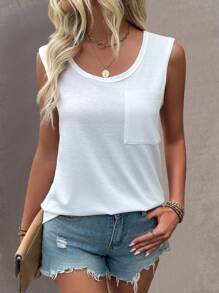 EMERY ROSE Women's Round Neck Solid Color Sleeveless Tank Top With Pocket, Summer Casual Wear - White - View 5