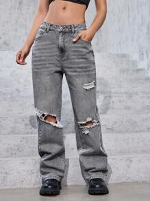 SHEIN EZwear Quần jean denim dáng rộng thoải mái dành cho nữ có túi rách - Xám - Xem 4