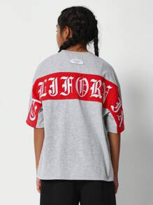 SUMWON Tween Girls Oversized Fit Colour Blocked Tee With Back Print - Grey - View 1