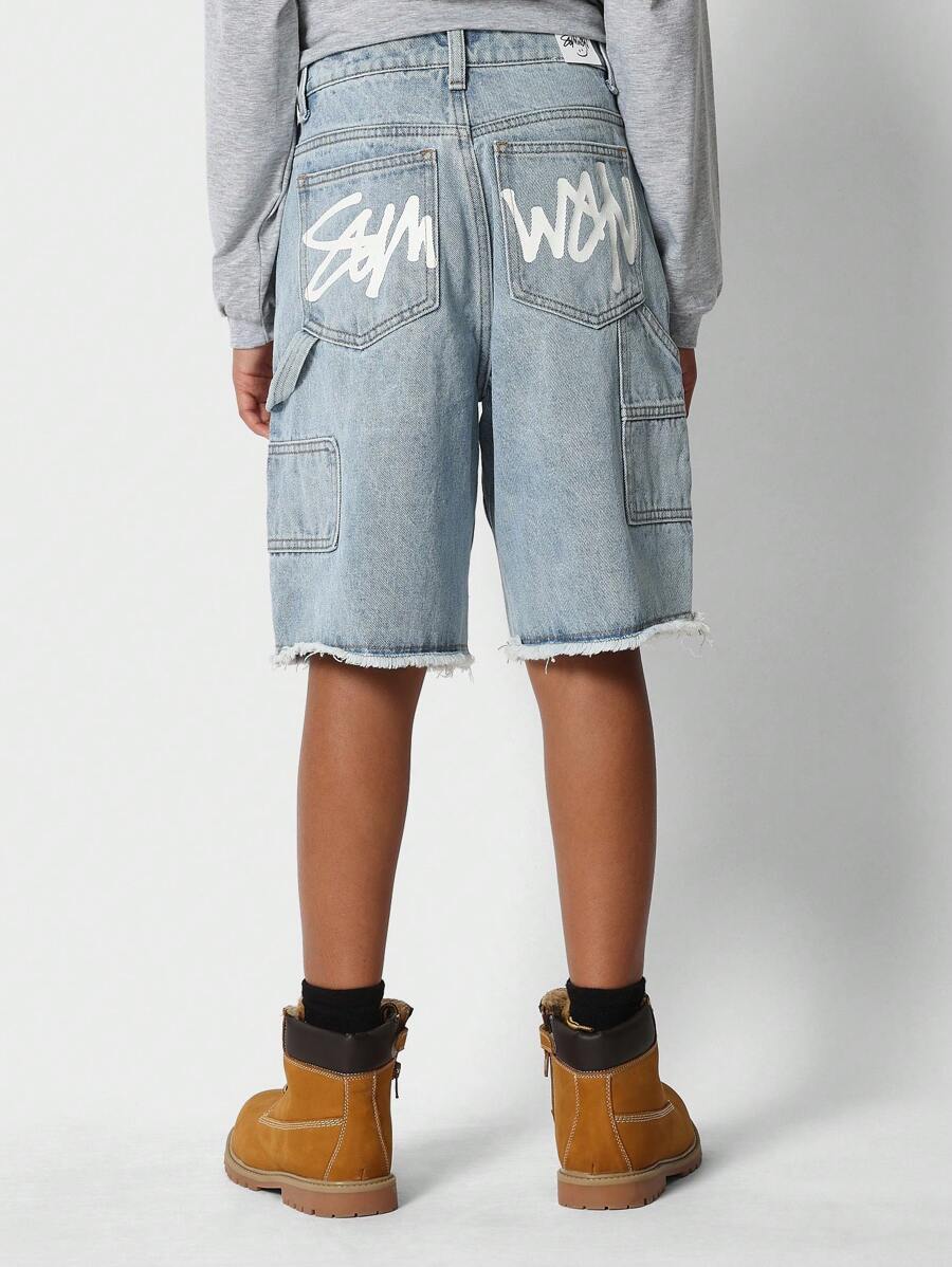 SUMWON Tween Girls Denim Bermuda Short With Back Print - Blue - View 1