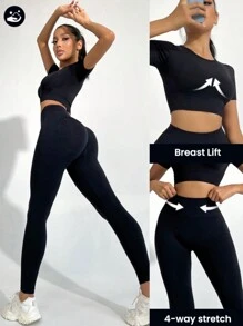 Gameset SHEIN Sport 2 件无缝瑜伽套装运动纹理上衣收腹紧身裤健身女士套装健身房女士服装 - 黑色 - 查看 4