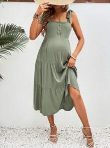 SHEIN Maternity Solid Color Resort Style Nursing Cami Dress - Army Green - View 6