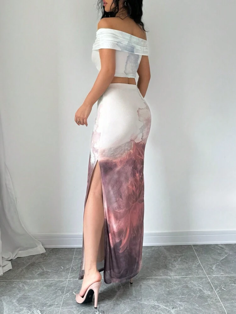 Ladies' Fashionable Mesh Printed Off-Shoulder Top And Skirt Set