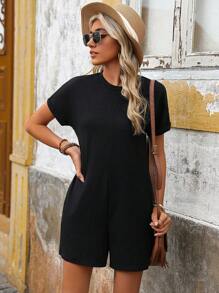 SHEIN LUNE Ladies Solid Color Round Neck Loose Casual Short Sleeve Romper,Casual - Black - View 7