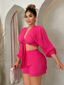 SHEIN SXY Conjunto de top de mangas de farol con detalles de cordones y pantalones cortos de doble capa