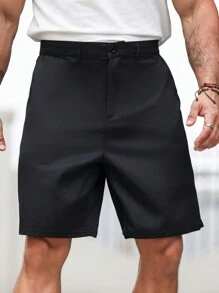 Manfinity Homme Plus size effen kleur shorts met zakken voor zomer vrijetijdskleding, effen zwart zakelijk