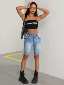SHEIN EZwear 女士純色簡約日常牛仔短褲 - 藍色 - 查看 4