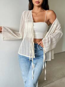 SHEIN Essnce Summer Women's Beige Crochet Hollow-Out Long Sleeve Top Summer Top Tie Front