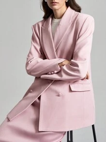 Ontre Women's Solid Color Turn-down Collar Double-breasted Blazer Jacket - Pink - View 1