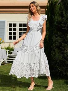 Simplee Women's Solid Color Mesh Splice Ruffles Fashion Dress - White - View 5