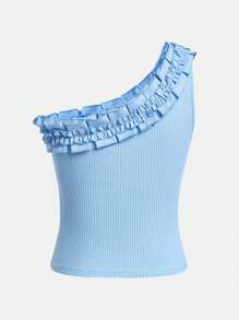 Teen Girl Fashion Solid Color Lace Shoulder Straps Tank Top - Blue - View 2