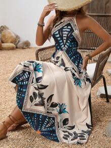 Breezaya Ladies' Sleeveless Backless Print Halterneck Dress For Summer Maxi Vacation Beach Outfits Women