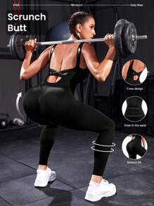 Powerista One Piece Criss Cross Backless Sports Jumpsuit Full - Black - View 1