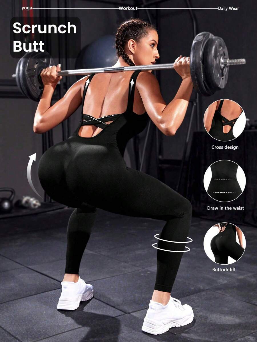 Powerista One Piece Criss Cross Backless Sports Jumpsuit Full - Black - View 1