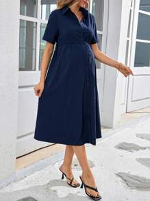 SHEIN Maternity Elegant Commuting Turn-Down Collar Short Sleeve Bodycon Dress