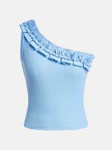 Teen Girl Fashion Solid Color Lace Shoulder Straps Tank Top - Blue - View 1