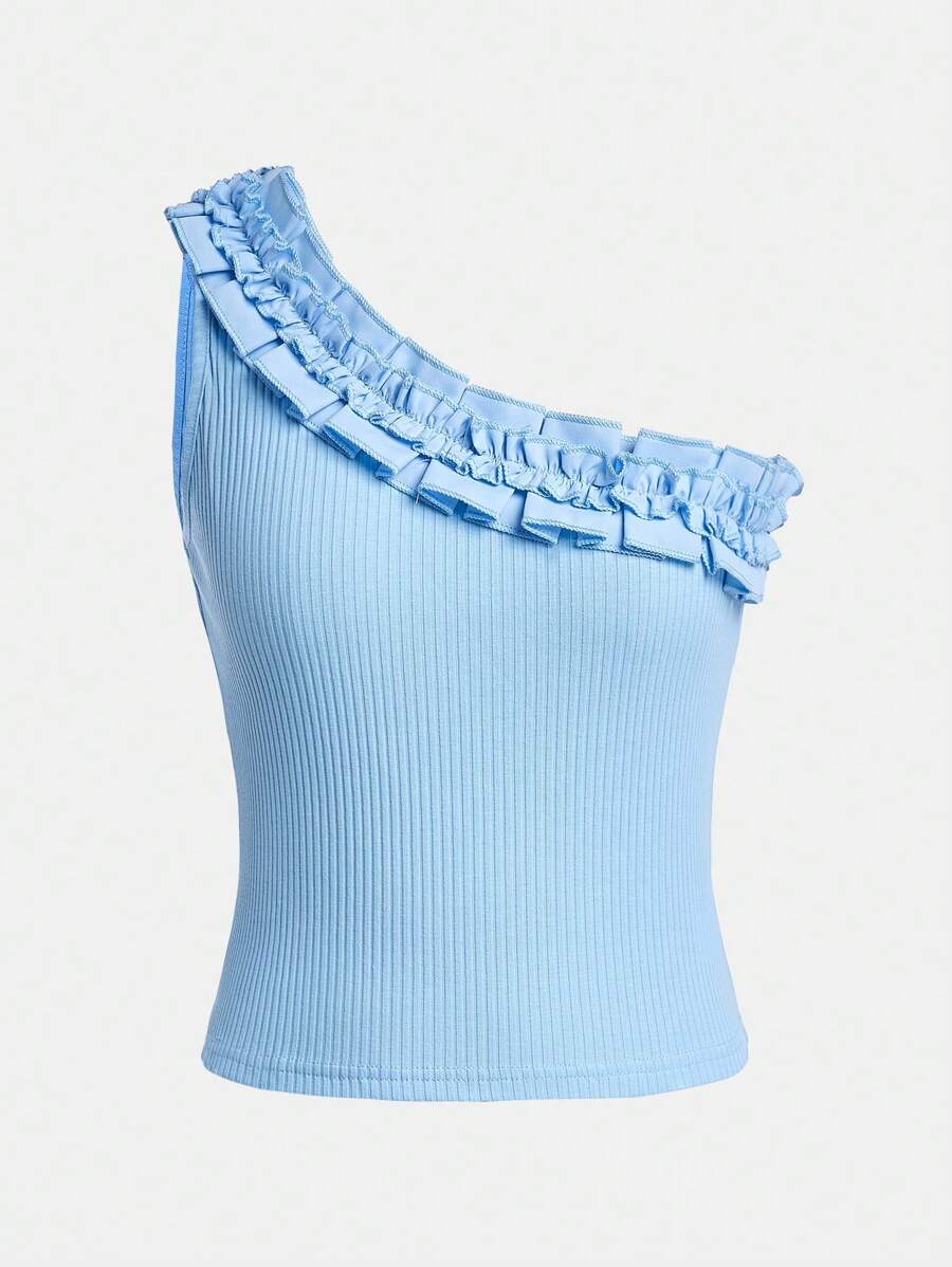 Teen Girl Fashion Solid Color Lace Shoulder Straps Tank Top - Blue - View 1