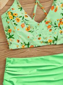 Conjunto de bikini con triángulo fruncido y cruzado de flores pequeñas para mujer, conjunto de bikini separado para el verano y la playa - verde menta - Ver 3