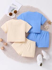SHEIN 4pcs Newborn Baby Boy/Girl Casual Simple Alphabet Pattern Knitted Soft Comfortable Round Neck Short Sleeve Loose-Fit Sweatshirt & Shorts Set, Summer