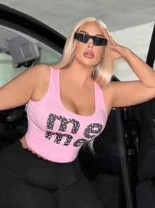 SHEIN SXY Plus Size Women's Pink MEME Printed Tank Top With Rhinestones Embellishment