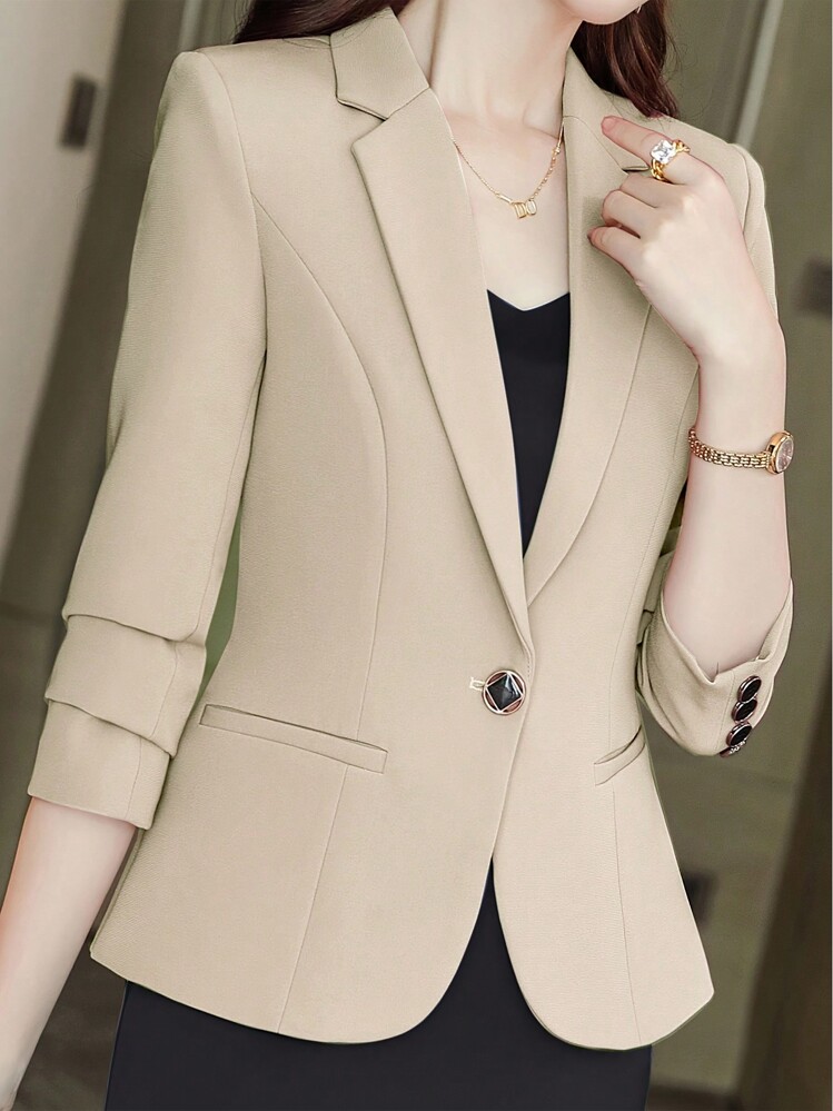 Women's Solid Color Minimalist Long Sleeve Blazer, Casual Wear - Apricot - View 1