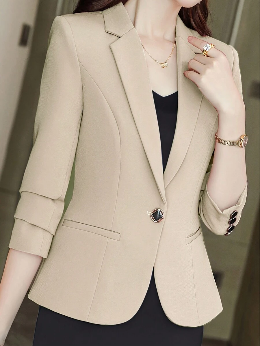 Blazer Lengan Panjang Minimalis Warna Polos untuk Wanita, Pakaian Kasual - Aprikot - View 1
