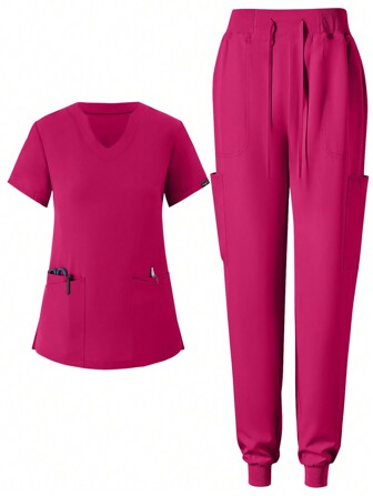 Women Scrubs Uniform Set - Soft Brushed Elastic Sports Nurse Work Outfit With Pockets, Breathable Surgical Scrubs Suit