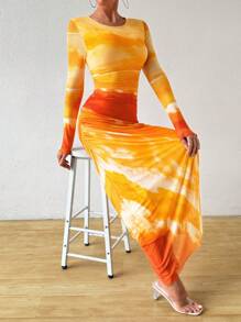 Calvaya Vestido largo de manga larga con cuello redondo, ajustado, con costados fruncidos y efecto tie-dye para mujer, atuendo de fiesta y celebración de Año Nuevo