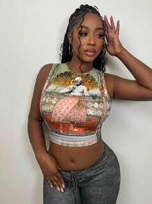 Slaydiva 夏季休閒假期圓領無袖截短款細身巴洛克肖像印花女式背心-E - 彩色 - 查看 6
