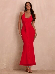 SHEIN BAE Summer Sexy Pink Deep V-Neck 3D Flower Decorated Cami Dress With Ruffled Trim - Red - View 5