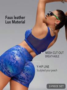 Innovista Animal Faux Leather Lux Material Sport Sets, 2pcs, 2 Pieces Set, Mesh Cut Out Push Up Sports Bra & Butt-Lifting Mini Biker Shorts, Fall Workout Gym & Daily Casual Outfits, Y2K, Spandex Shorts, Workout Set, Tracksuit, Tankini, Going Out Tops - Blue - View 3