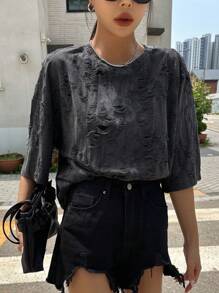 DAZY 女士夏季純色圓領放肩短袖休閒T恤，有破損洞細節 - 灰色 - 查看 7