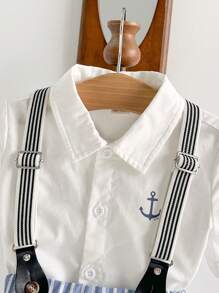 Cozy Pixies Baby Boy Anchor Pattern Lapel Short Sleeve Open Front Shirt & Blue/White Striped Overalls 2pcs/Set - Blue and White - View 3