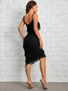 SHEIN PETITE Black Dress Party Dress For Women Date Evening Dress Solid Color Ruffle Asymmetric Hem Slip Dress
