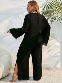 Swim Lushoire Plus Size Women's Plain & Simple Daily Chiffon Kimono Cover Up Summer - Black - View 2