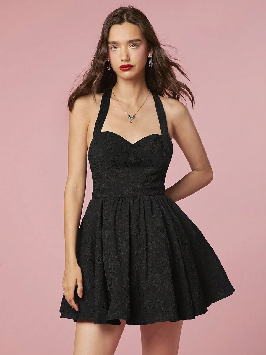 Enchnt Vestido de verano para mujer de cuello halter sin mangas y descubierto en la espalda en un solo color - Negro - Ver 1
